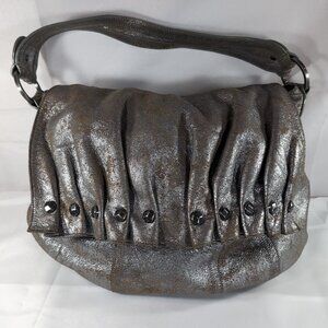 7 For All Mankind Leather Purse Shoulder Bag Silver Distressed Studded Hobo Flap